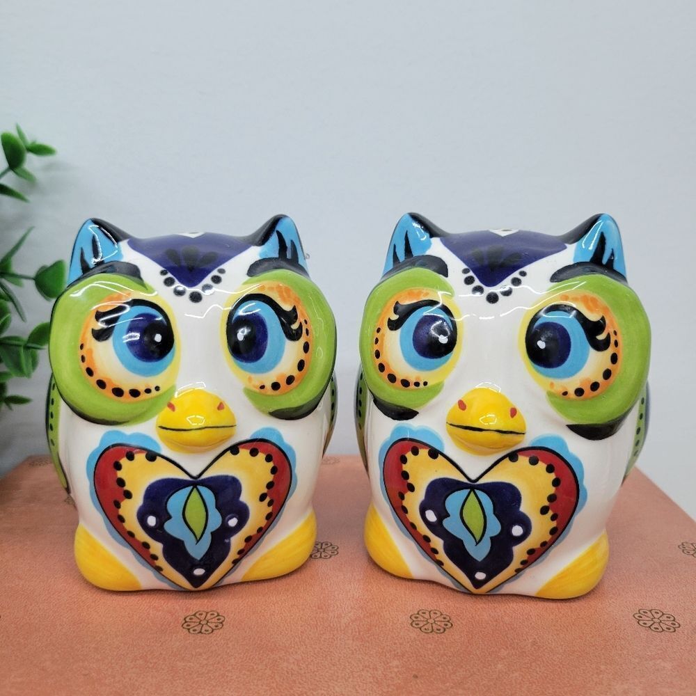 Colorful Ceramic Owl Salt & Pepper Shakers – Folk Art Style 🦉